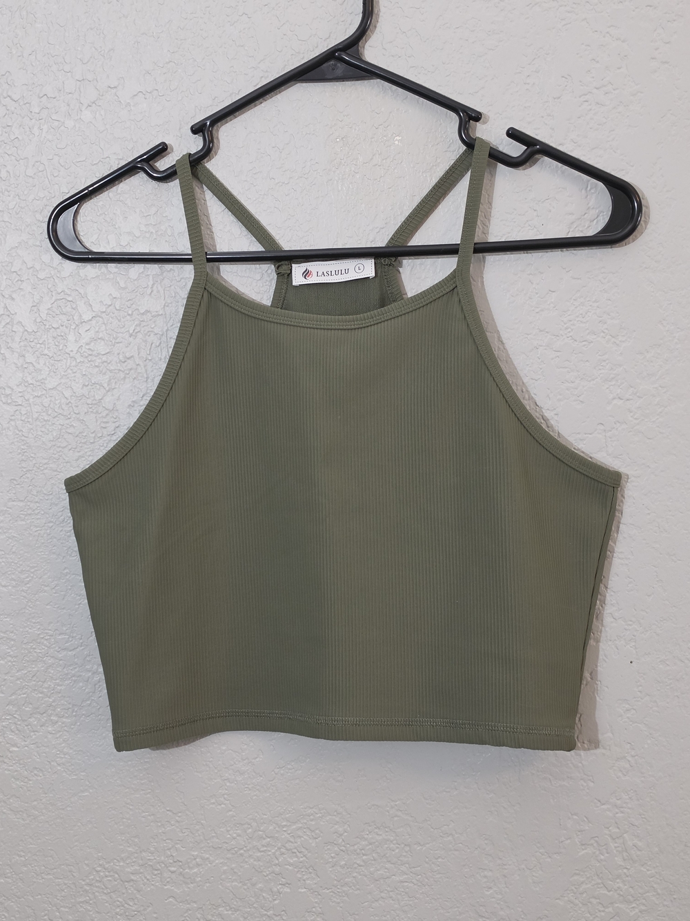 Laslulu Olive Green Ribbed Cropped Racerback Tank High Neck Womens Large
